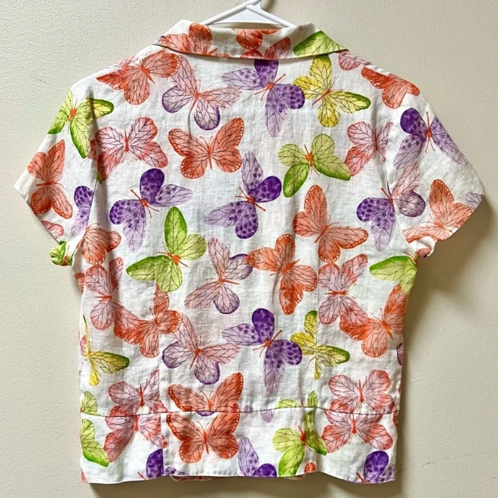 Liz Claiborne Vintage Butterfly Print Button-Up Linen Peplum Blouse - Size 4 - Picture 3 of 4
